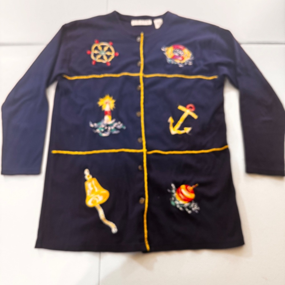VTG Nautical‎ Navy Blue M Embroidered cotton Shirt Anchor Lighthouse Bell wheel
